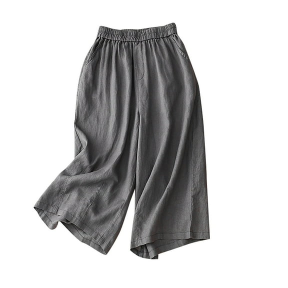 Lmnyox Flowy Cotton Linen Capri for Women Wide Leg Elastic Waist Capri Pants with Pocket Summer Casual Capris