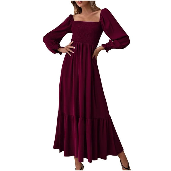 Lmnyox Flowy Maxi Dress for Women Ruffle Long Sleeve Square Neck Long Dress Summer Vacation Dress