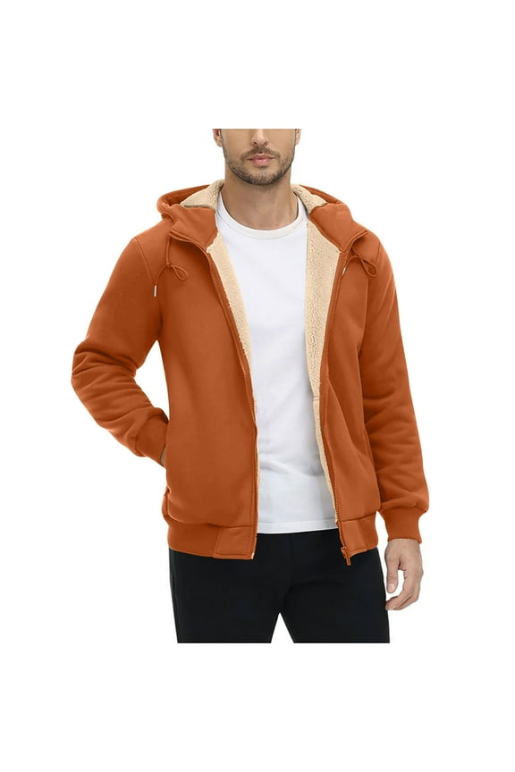 Full Zip Fleece Hoodies Men's Solid Long Sleeve Hooded Sherpa Jacket Solid Thermal Drawstring Sweatshirts