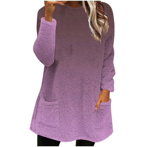 Lmnyox Fuzzy Fleece Long Pullover for Women Oversized Long Sleeve Crew Neck Thermal Sweatshirts with Pocket