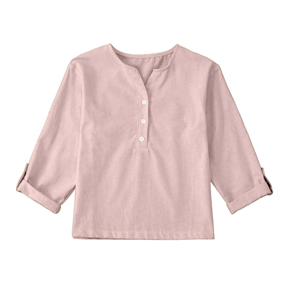 Lmnyox Girl's Cotton Linen Shirts Long Sleeve Casual Loose Summer Blouses V Neck Button Basic Tees Tops
