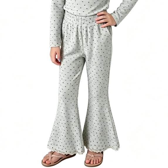 Lmnyox Girl's Flare Pants Cute Lace Trim Printed Elastic Waist Leggings Comfy Fashion Bell Bottoms with Pockets
