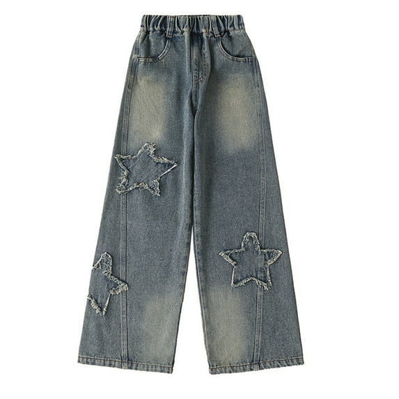 Lmnyox Girl's Straight Leg Jeans Casual Elastic Waist Denim Pants Baggy Star Print Pants for Kids