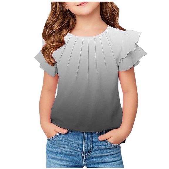 Lmnyox Girl's Summer Cute Shirts Ruffle Short Sleeve Pleated Fashion T Shirt 2025 Casual Trendy Tees Tops