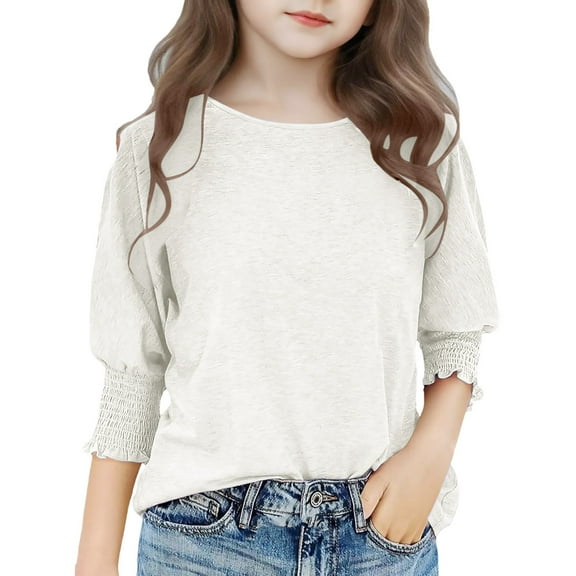 Lmnyox Girls Casual Shirts Long Sleeve Cuffed Fashion T Shirts Solid Color Crew Neck Cute Blouses Clothes