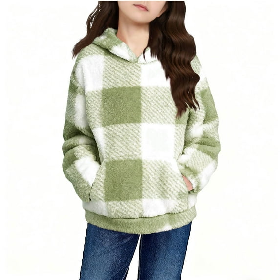 Lmnyox Girls Fleece Sweatshirts with Pocket Plaid Long Sleeve Thermal Hoodies Fall Winter Fuzzy Pullover Tops