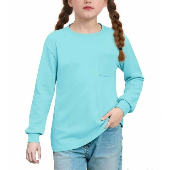Lmnyox Girls Long Sleeve T Shirt with Pocket Solid Basic Crew Neck Pullover Tee Fall Casual Shirts for Kids