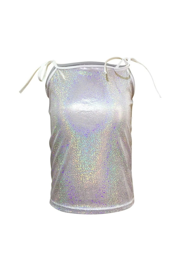 Girls Performance Tank Tops Holographic Tie Strap Sleeveless Dance Tops Shiny Sparkly Camisole for Kids