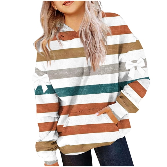 Lmnyox Girls Print Sweatshirts with Pocket Loose Striped Long Sleeve Hoodies Kids Hooded Pullover Tops