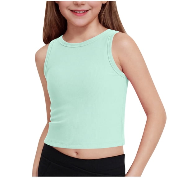 Lmnyox Girls Ribbed Crop Tops Slim Stretchy Sleeveless Tank Shirts Solid Color Crew Neck Casual Cute Tees