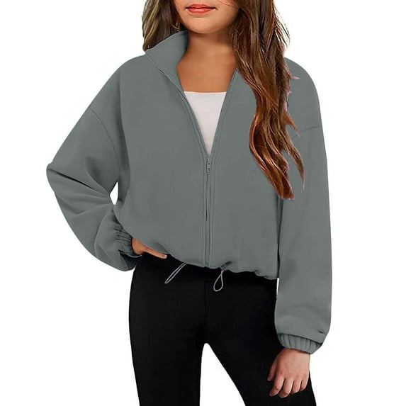 Lmnyox Girls Sherpa Jacket Zip Up Collared Crop Jacket Big Girls Solid Casual Athletic Jacket 6-13 Years