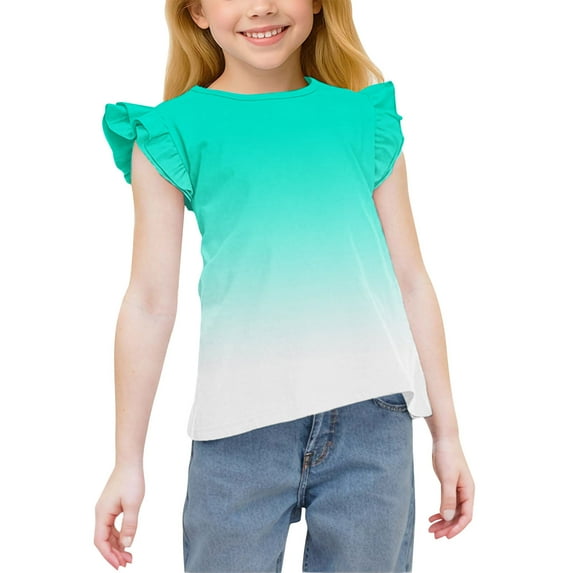 Lmnyox Girls Summer Shirts Ruffle Cap Sleeve Gradient Tee Shirt Kids Cute Crew Neck Casual Tunic Blouses