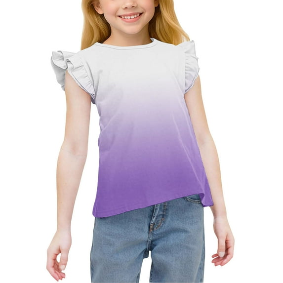 Lmnyox Girls Summer Shirts Ruffle Cap Sleeve Gradient Tee Shirt Kids Cute Crew Neck Casual Tunic Blouses