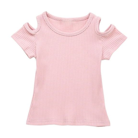 Jalioing Baby Girls Summer Shirt Short Sleeve Cold Shoulder Ribbed T Shirt Toddler Babys Crewneck Plain Tee