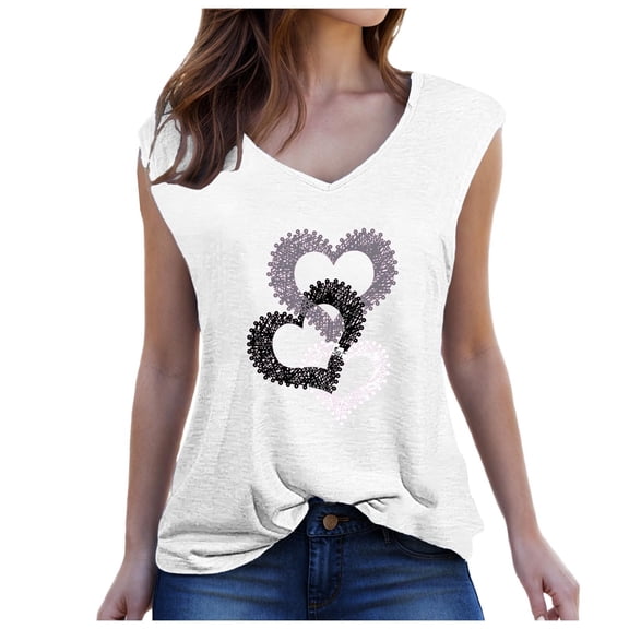 Lmnyox Heart Print Tank Tops for Women Fashion Casual V Neck Sleeveless T Shirt 2025 Summer Loose Tank Shirts