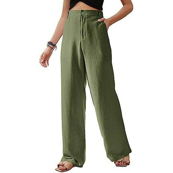 Lmnyox High Waist Cotton Linen Trousers for Women Wide Leg Button Palazzo Pants with Pocket Flowy Lounge Pants