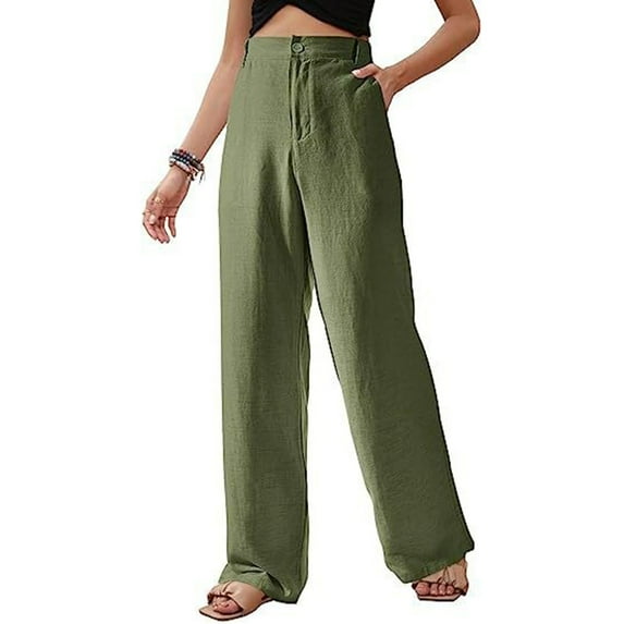 Lmnyox High Waist Cotton Linen Trousers for Women Wide Leg Button Palazzo Pants with Pocket Flowy Lounge Pants