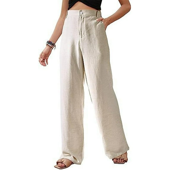 Lmnyox High Waist Cotton Linen Trousers for Women Wide Leg Button Palazzo Pants with Pocket Flowy Lounge Pants