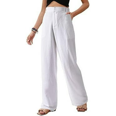 Lmnyox High Waist Cotton Linen Trousers for Women Wide Leg Button Palazzo Pants with Pocket Flowy Lounge Pants