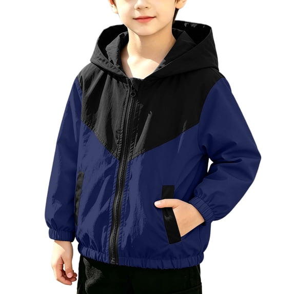 Lmnyox Hooded Jackets for Children Color Blocked Long Sleeve Zip Up Windbreaker Classic Lightweight Coats with Pockets