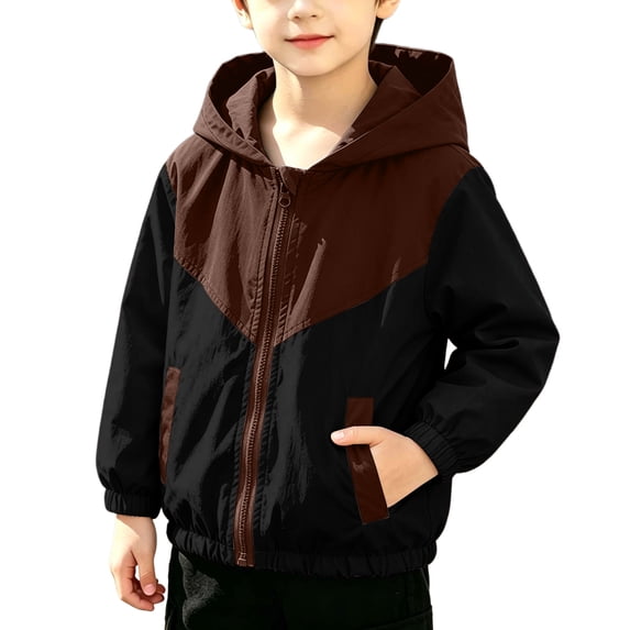 Lmnyox Hooded Jackets for Children Color Blocked Long Sleeve Zip Up Windbreaker Classic Lightweight Coats with Pockets