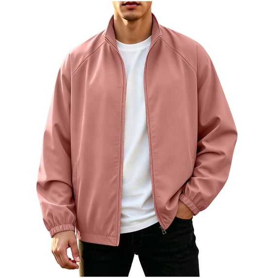 Lmnyox Jackets for Men Loose Zipper Up Long Sleeve Stand Collar Coats Solid Color Workout Outdoor Jackets