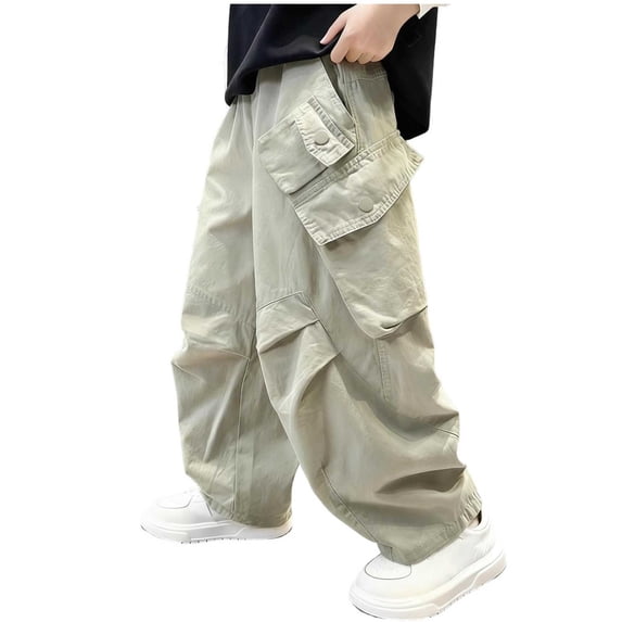 Lmnyox Kid's Cargo Pants Wide Leg Baggy Elastic Waist Pants Solid Color ...