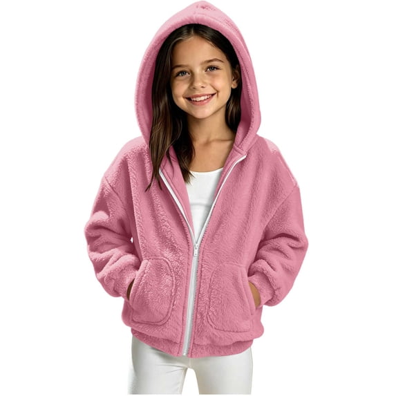 Lmnyox Kid's Fleece Jackets Winter Warm Solid Color Zip Up Coats Casual Hooded Jackets with Pockets