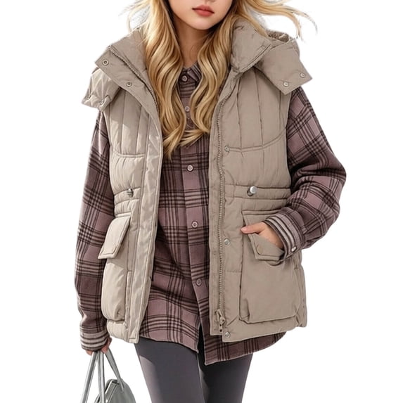 Lmnyox Kid's Puffer Vests Button Zip Up Drawstring Hooded Jackets Winter Solid Color Outwears with Pockets