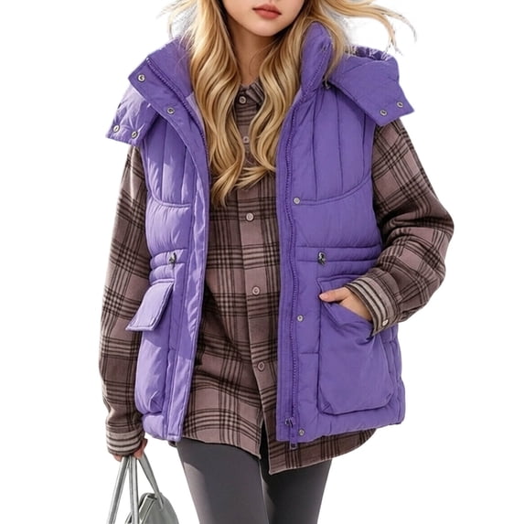 Lmnyox Kid's Puffer Vests Button Zip Up Drawstring Hooded Jackets Winter Solid Color Outwears with Pockets