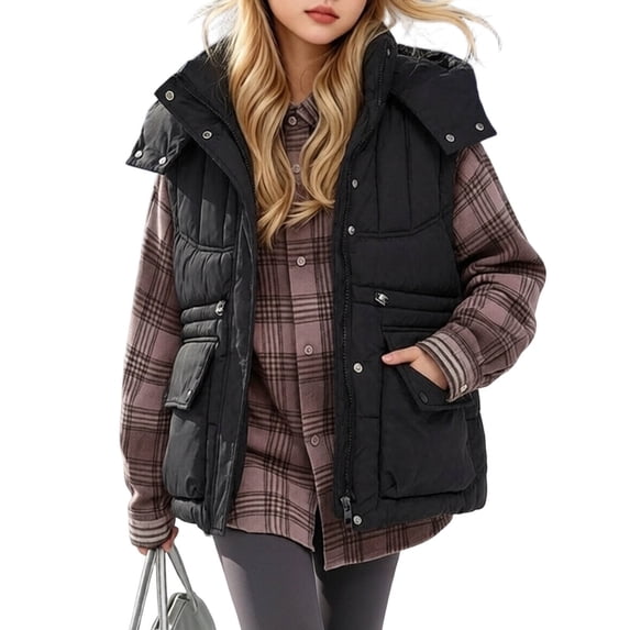 Lmnyox Kid's Puffer Vests Button Zip Up Drawstring Hooded Jackets Winter Solid Color Outwears with Pockets