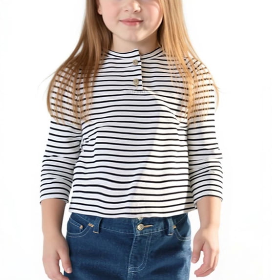 Lmnyox Kid's T-Shirts Classic Striped Button Crew Neck Long Sleeve Pullover Casual Athletic Basic Shirts
