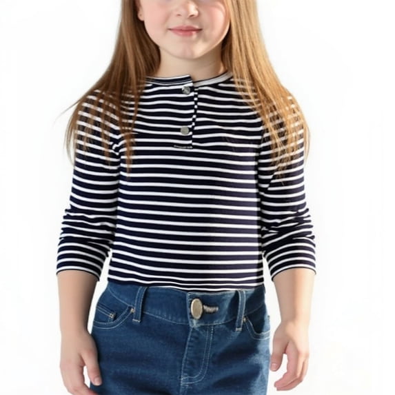Lmnyox Kid's T-Shirts Classic Striped Button Crew Neck Long Sleeve Pullover Casual Athletic Basic Shirts