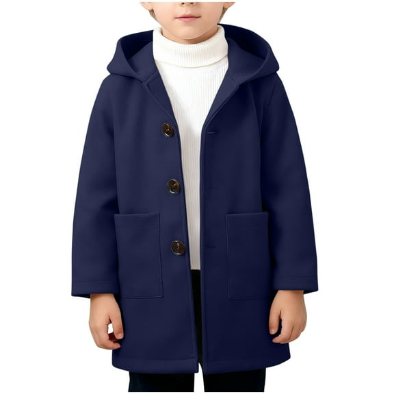 Lmnyox Kids Hooded Trench Coat Solid Button Down Peacoat Fall Winter Classic Dress Coat with Pocket 2-10 Years