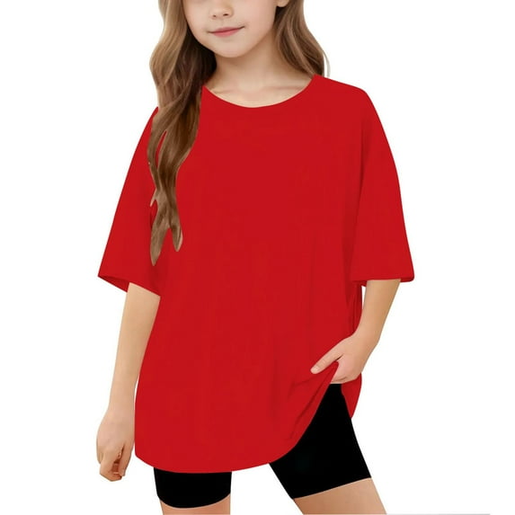 Lmnyox Kids T Shirts Oversized Short Sleeve Basic Tee Solid Color Loose Crew Neck Summer Shirts Tops 5-15 Years