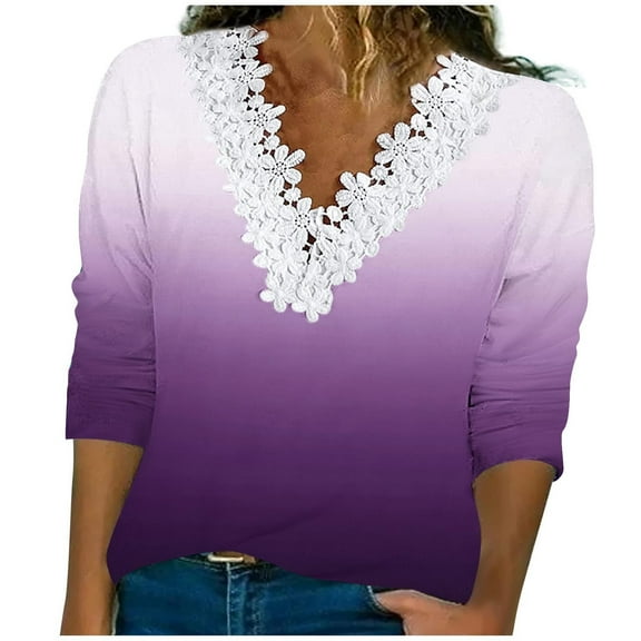 Lmnyox Lace V Neck Shirts for Women Fall Casual Long Sleeve Blouses Trendy Business Tops Work Clothes