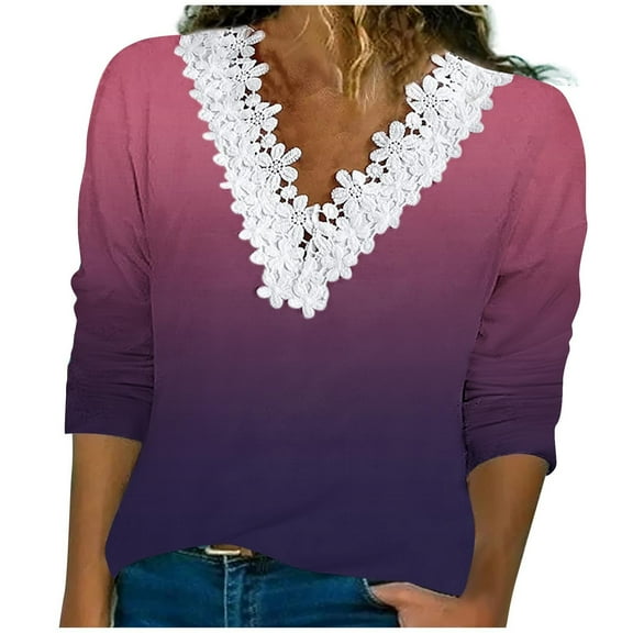 Lmnyox Lace V Neck Shirts for Women Fall Casual Long Sleeve Blouses Trendy Business Tops Work Clothes