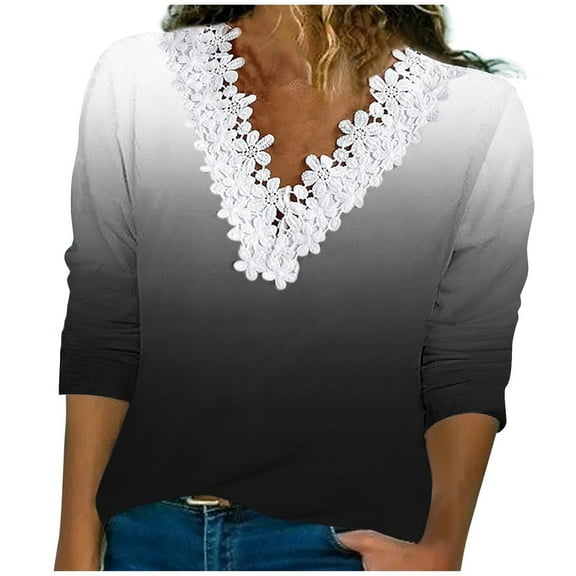 Lmnyox Lace V Neck Shirts for Women Fall Casual Long Sleeve Blouses Trendy Business Tops Work Clothes