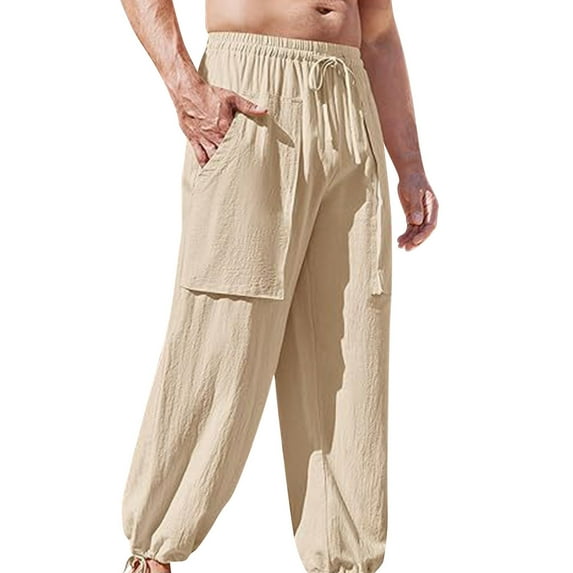 Lmnyox Lightweight Pants for Men Baggy Elastic Waist Drawstring Yoga Pants with Pocket Loose Casual Beach Tapered Trousers