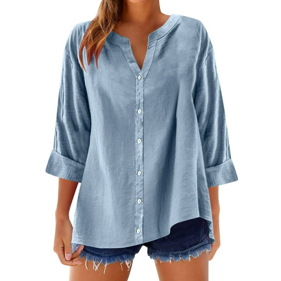Lmnyox Lmnyox Blouses for Women V Neck Button Shirts Casual Loose Short Sleeve Summer Tee 2025 Fashion Dressy Tops