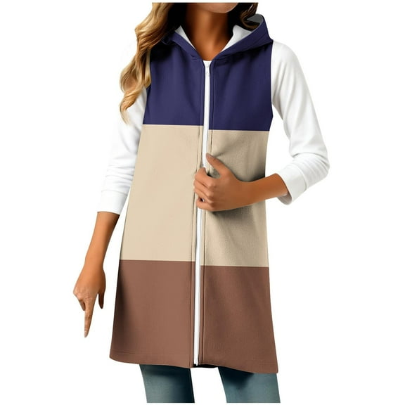 Lmnyox Long Hooded Vest for Women Sleeveless Zip Up Casual Jacket Coat Fashion Side Slit Vest Outerwear