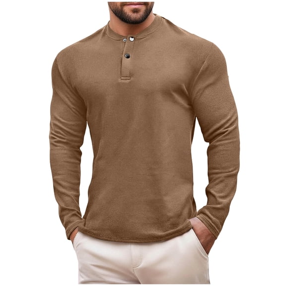 Lmnyox Long Sleeve Basic T Shirt for Men Solid Casual Button Crew Neck Tops Classic Fashion Pullover Tee