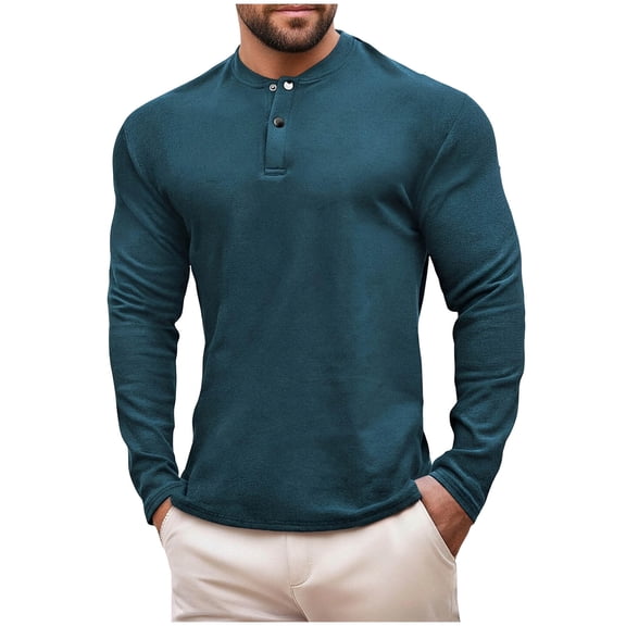 Lmnyox Long Sleeve Basic T Shirt for Men Solid Casual Button Crew Neck Tops Classic Fashion Pullover Tee