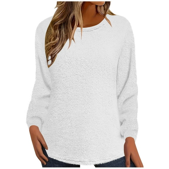 Lmnyox Long Sleeve Fuzzy Shirt for Women Fashion Loose Crew Neck Solid Fleece Pullover Tee Winter Casual Tops