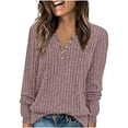 thumbnail image 1 of Lmnyox Long Sleeve Shirts for Women Solid Ribbed V Neck Button Blouses Fashion Basic Fall Tunic Tops, 1 of 8