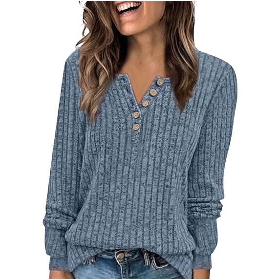 Lmnyox Long Sleeve Shirts for Women Solid Ribbed V Neck Button Blouses Fashion Basic Fall Tunic Tops
