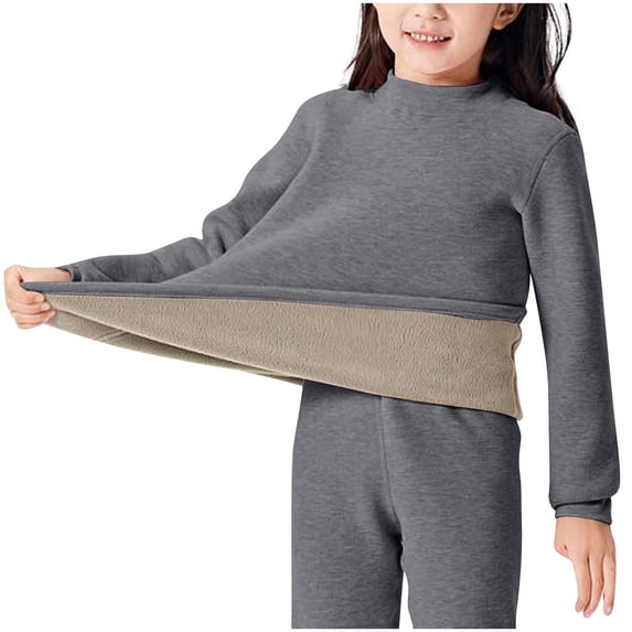 Lmnyox Long Sleeve Tops for Kids Solid Color Fleece Lined Crew Neck Pullover Fall Winter Warm Shirts