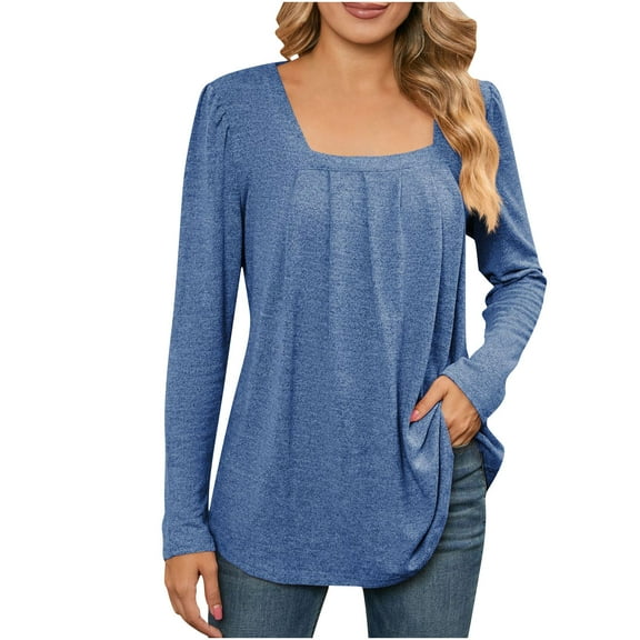 Lmnyox Long Sleeve Tunic Tops for Women Flowy Pleated Square Neck Fashion Shirt Dressy Casual Solid Blouse