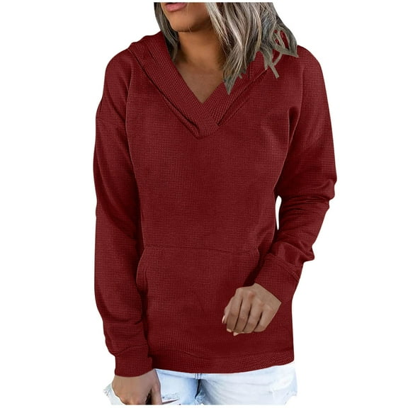 Lmnyox Long Sleeve V Neck Hoodies for Women Fashion Casual Hooded Sweatshirts Solid Color Basic Pullover with Pocket