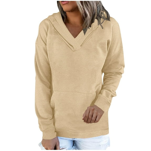 Lmnyox Long Sleeve V Neck Hoodies for Women Fashion Casual Hooded Sweatshirts Solid Color Basic Pullover with Pocket